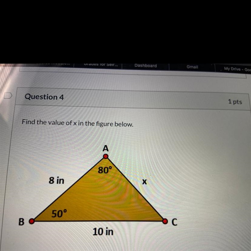 Find the value of X in the figure below. A. 5 inches B. 8 inches C. 6 inches D. 7 inches-example-1