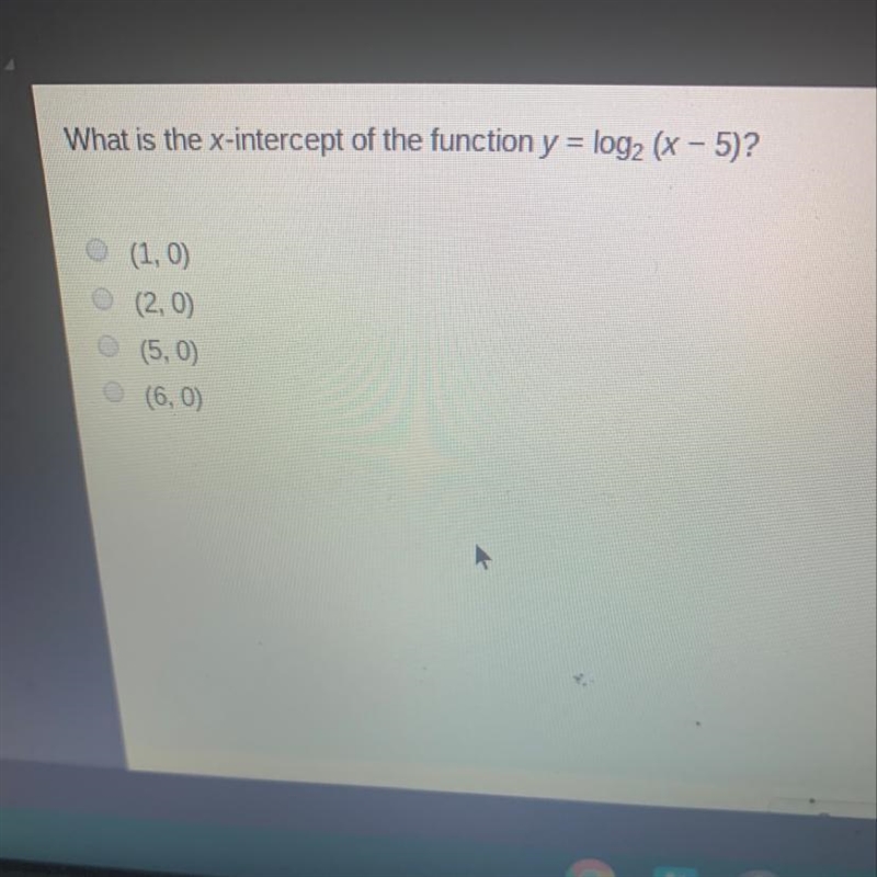 What is the x-intercept of the function y = log2 (x - 5)?-example-1