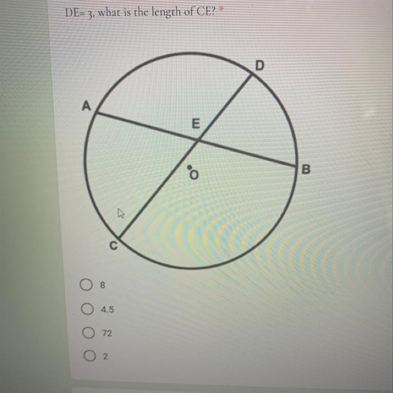 In the diagram below of circle O, chords AB and CD intersect at E. If AE = 6, BE = 4, and-example-1