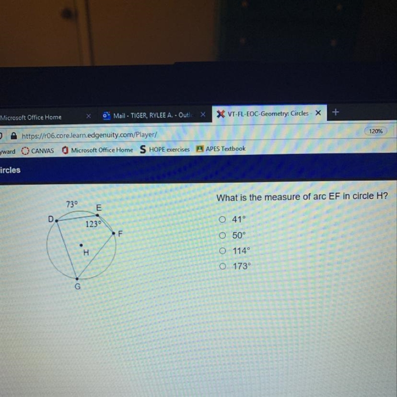 What is the measure of arc EF in circle H? 419 50° 114 173-example-1