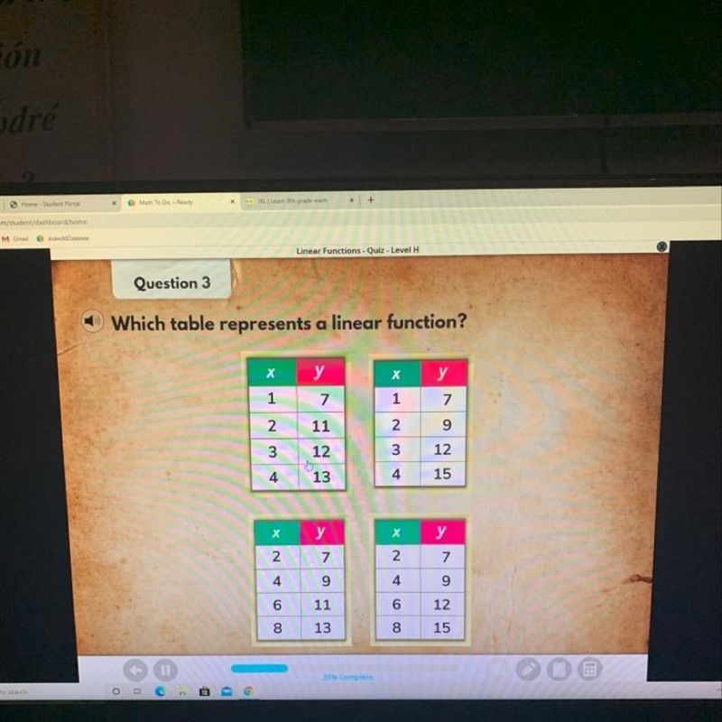 Which table represents a linear function?? Help plis-example-1