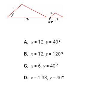 The two triangles illustrated below are similar. What are the values of x and y?-example-1