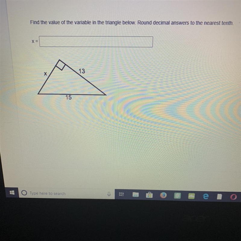 Find the value of the variable in the triangle below. Round decimal answers to the-example-1