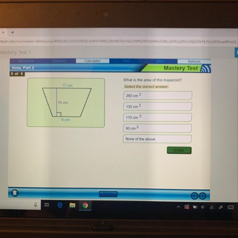 What is the area of this trapezoid? 17 cm Select the correct answer. 2 260 cm 10 cm-example-1