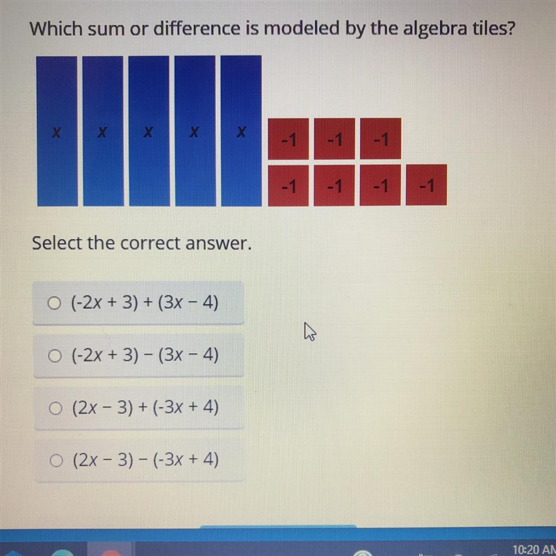 Which sum or difference is modeled by the algebra tiles?-example-1