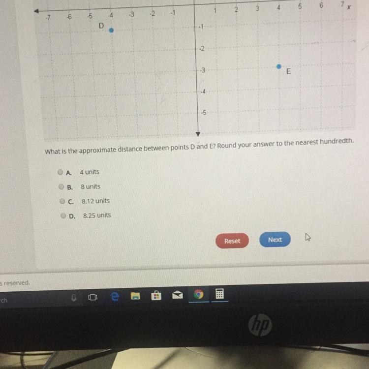 What is the approximate distance between points D and E? Round your answer to the-example-1