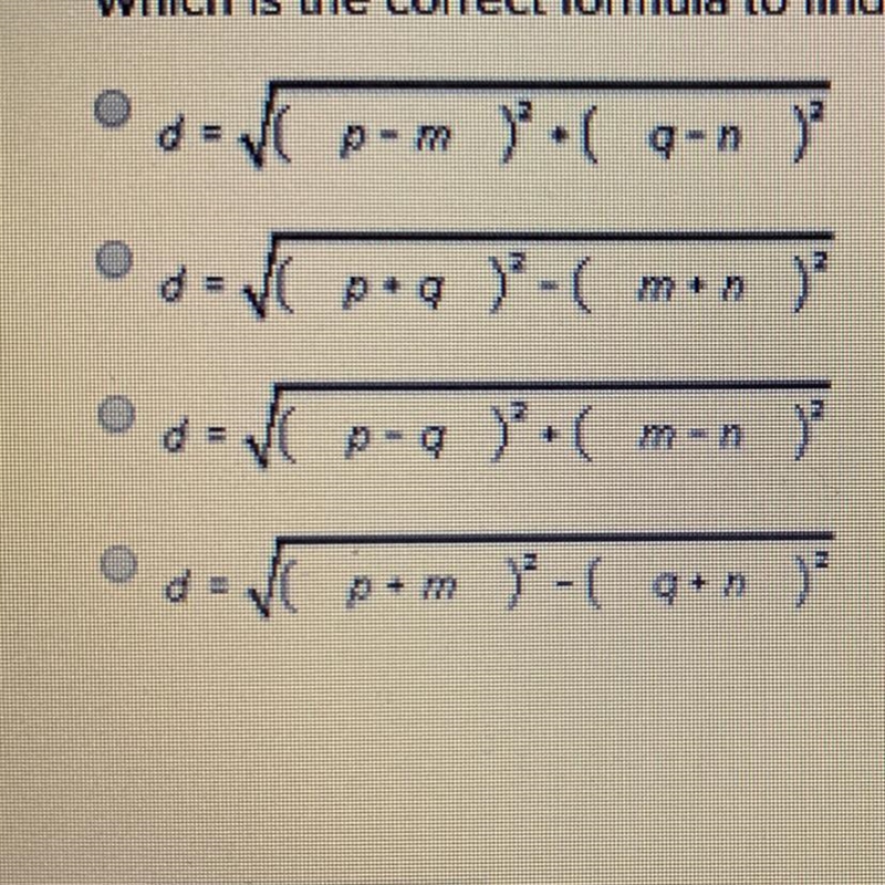 Which is the correct formula to find the distance between two points (p, q) and (m-example-1