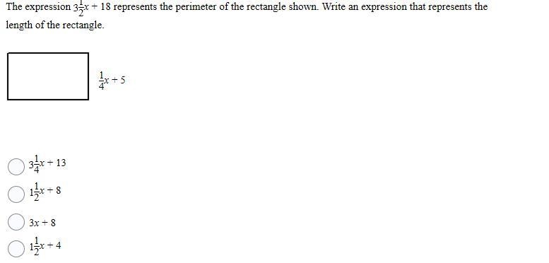 The expression 3 1/2x+18 represents the perimeter of the rectangle shown. Write an-example-1