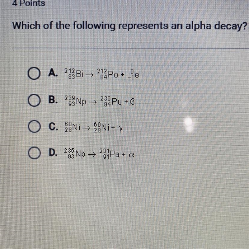 Which of the following represent an alpha decay?-example-1