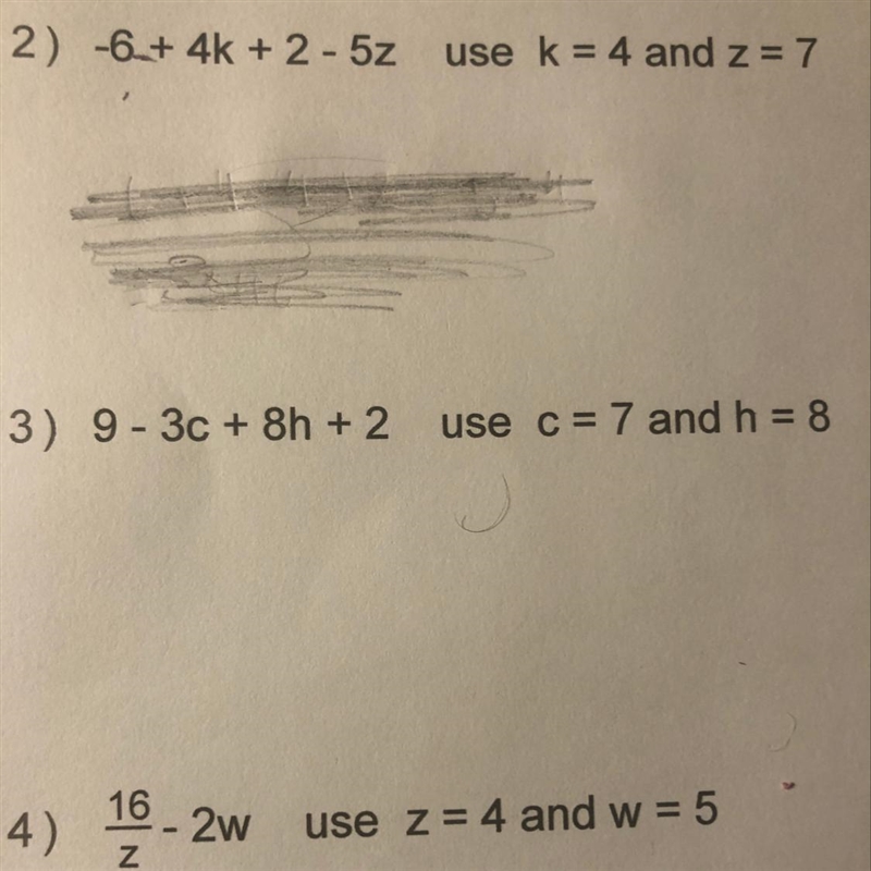 -6 + 4k + 2 - 5z use k = 4 and z=7-example-1