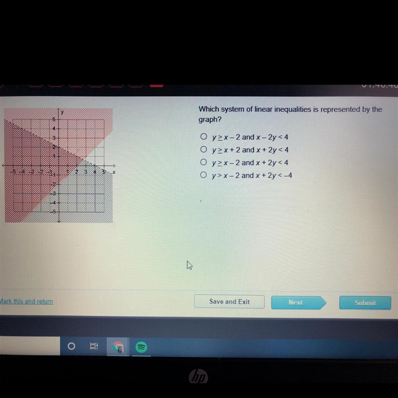 Which system of linear inequalities is represented by the graph?-example-1