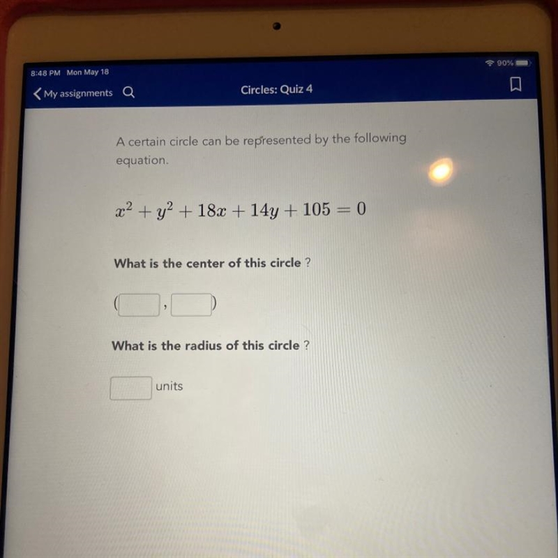 What is the center of a circle? What is the radius of the circle?-example-1