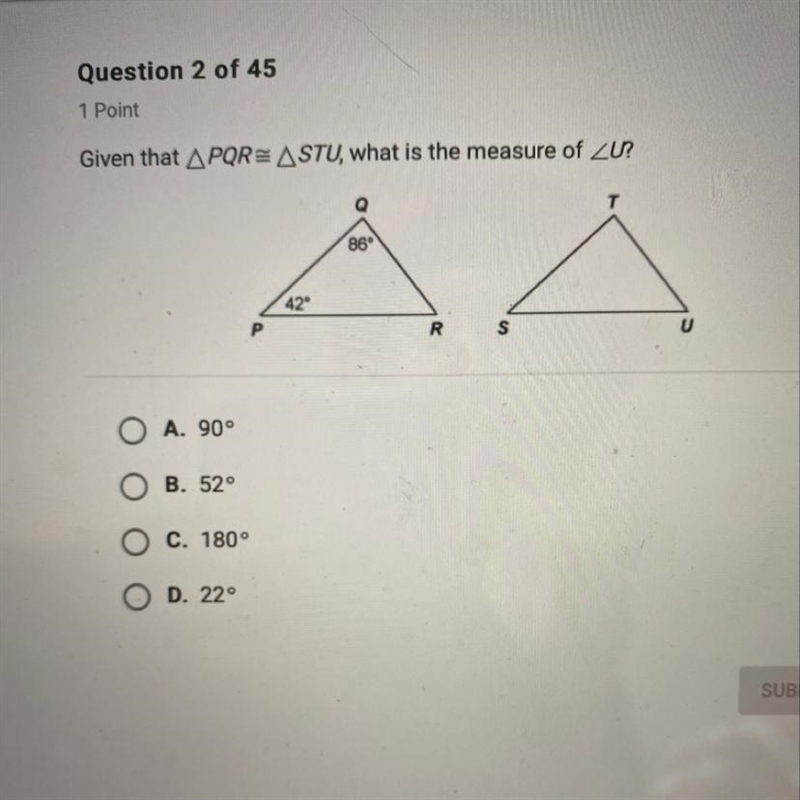 Given that triangle PQR congruent triangle STU, , what is the measure of angle U ?-example-1