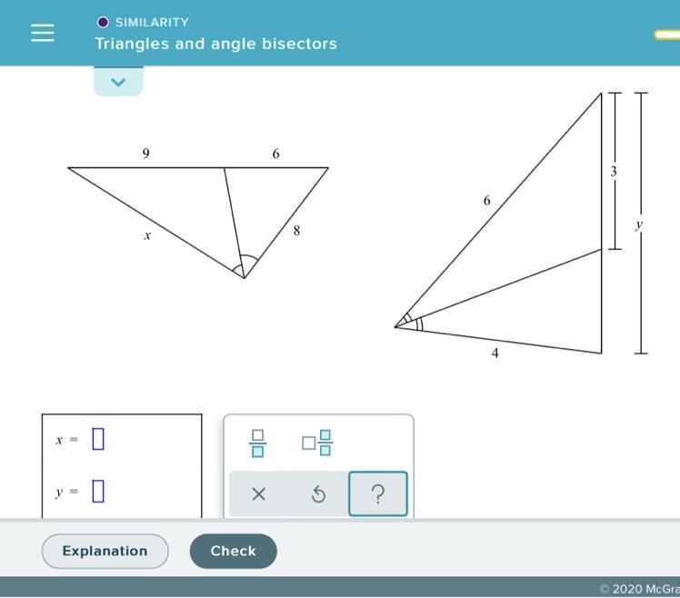 Triangles and angle bisectors? Can somebody please help me find x & y ?-example-1