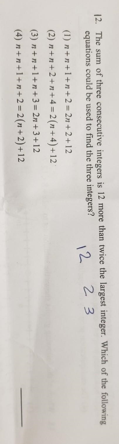 12. The sum of three consecutive integers is 12 more than twice the largest integer-example-1