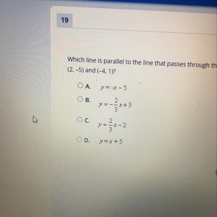 Which line is parallel to the line that passes through the points (2,-5) and (-4,1)?-example-1