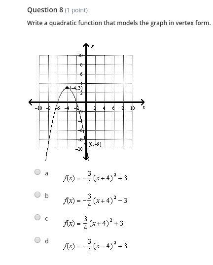 A.f(x)= -3/4(x+4)^2 +3 B.f(x)=-3/4(x+4)^2 -3 C.f(x)=3/4(x+4)^2 +3 D.f(x)=-3/4(x-4)^2 +3-example-1