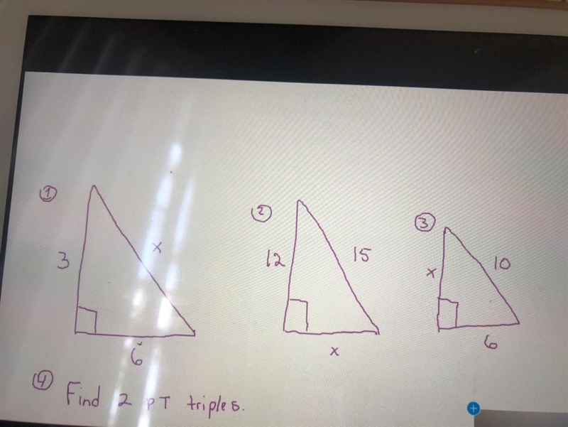 Can someone help me find the missing x and the 2 Pythagorean’s triples-example-1