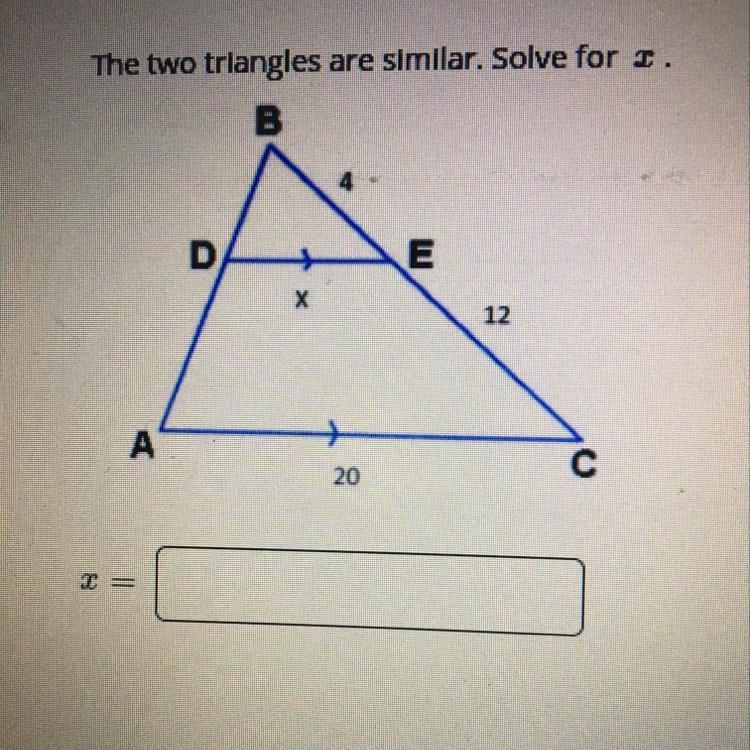 The two triangles are similar. Solve for x.-example-1