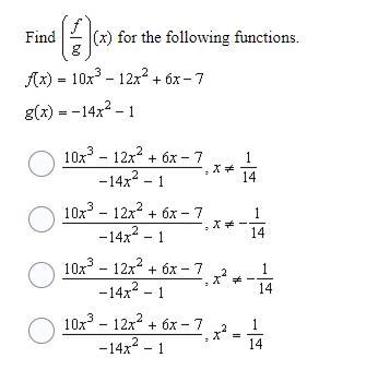 I WILL GIVE BRIANLIEST WHOEVER ANSWER!! 17. Find (f/g)(X) for the following functions-example-1