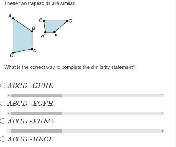 These two trapezoids are similar What is the correct way to complete the similarity-example-1