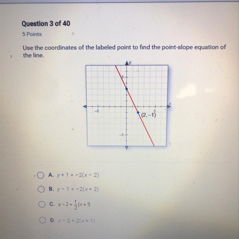 Use the coordinates of the labeled point to find the point-slope equation of the line-example-1