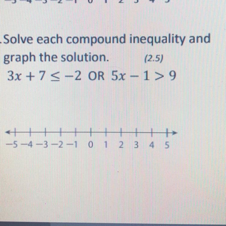 Solve each compound inequality and graph the solution. 3x + 7 <-2 OR 5x - 19-example-1