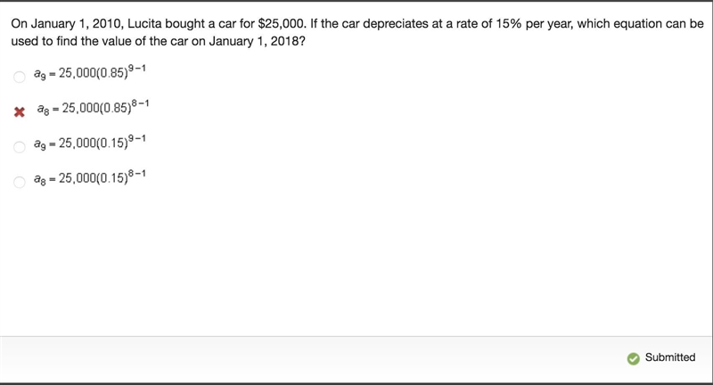 On January 1, 2010, Lucita bought a car for $25,000. If the car depreciates at a rate-example-1