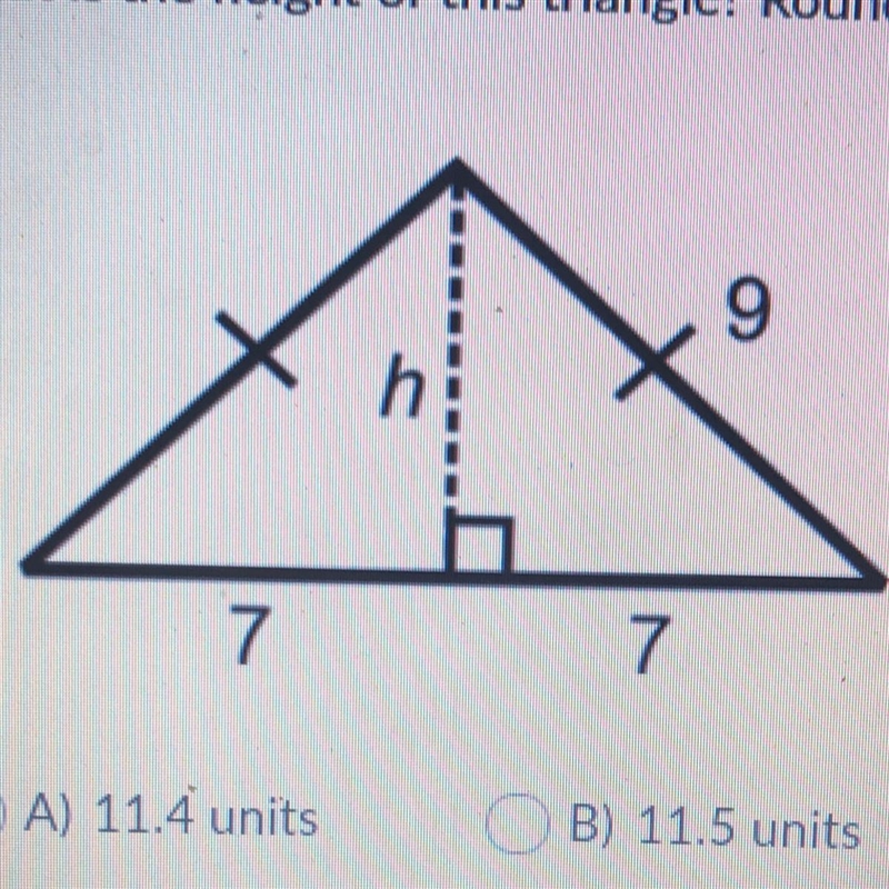 What is the height of this triangle? Round your answer to the nearest tenth. A) 11.4 units-example-1