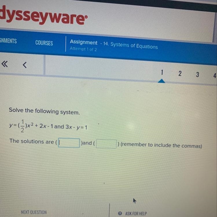 Solve the following system. 1 v=()x2 + 2* 2 + 2x-1 and 3x-y=1-example-1