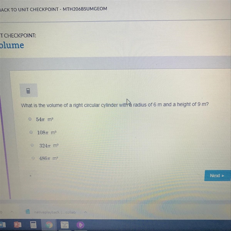 What is the volume of a right circular with a radius of 6 m and a height of 9 m-example-1