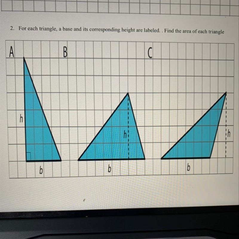 Can someone please help me? Find the area of the three triangles in the picture. (A-example-1