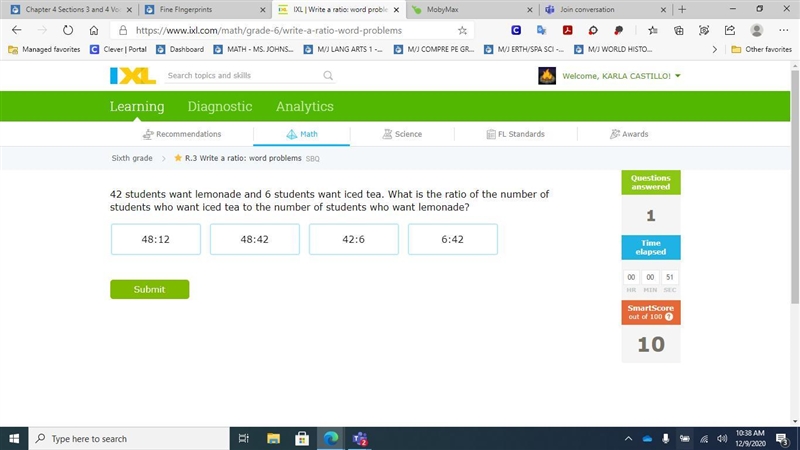 42 students want lemonade and 6 students want iced tea. What is the ratio of the number-example-1