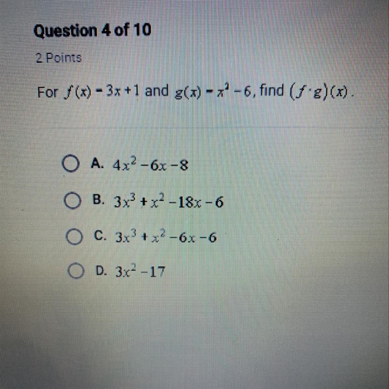 For f(x)-3x+1 and g (x)-x^2-6 find (f•g)(x)-example-1