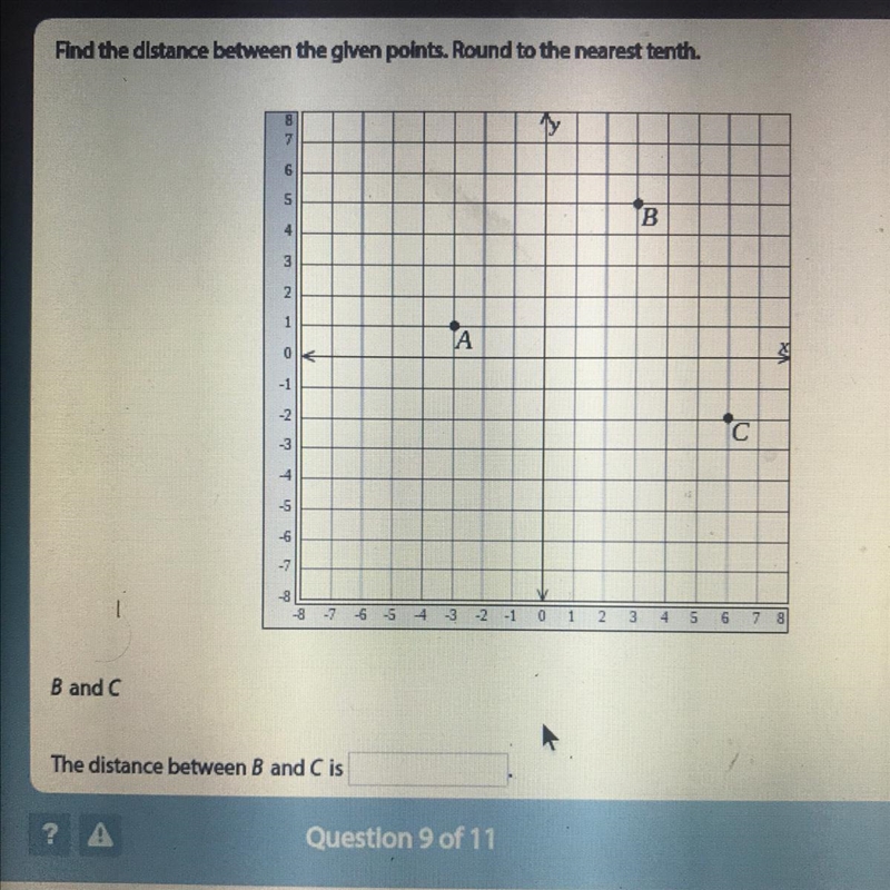 Find the distance between the given points. Round to the nearest tenth.-example-1