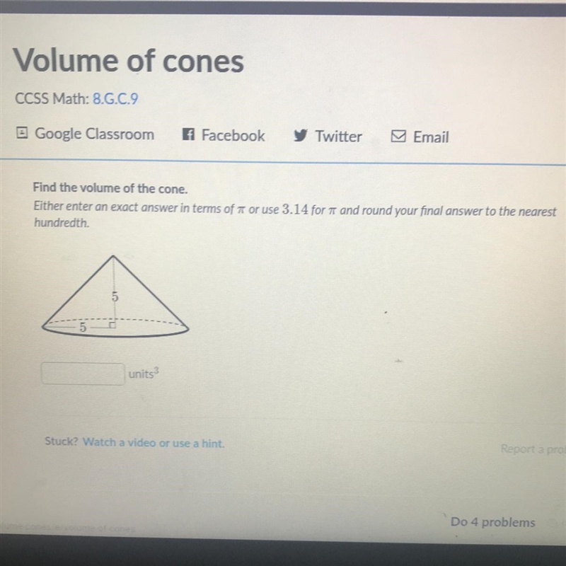 FIND THE VOLUME OF THE CONE-example-1