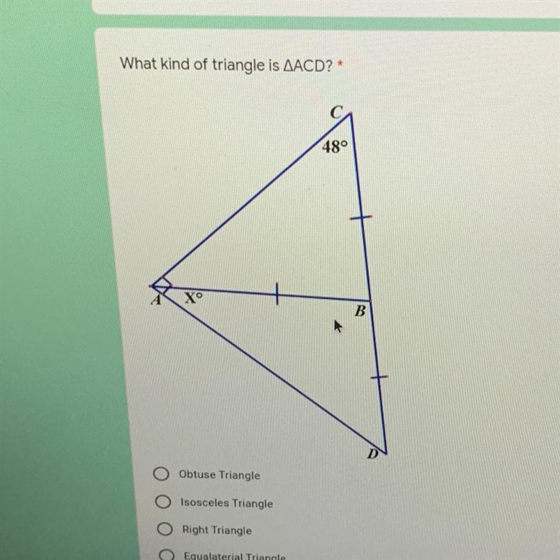 What kind of triangle Is ACD Obtuse triangle isosceles triangle right triangle equilateral-example-1