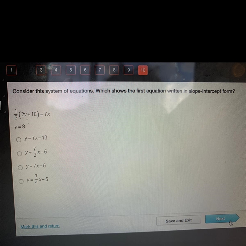 Consider this system of equations. Which shows the first equation written in slope-example-1