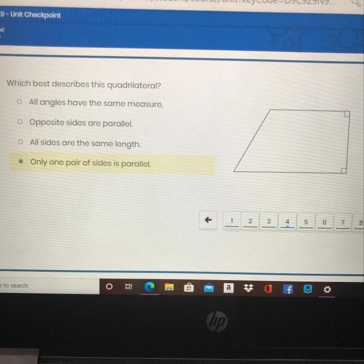 Which best describes this quadrilateral? O All angles have the same measure. o Opposite-example-1