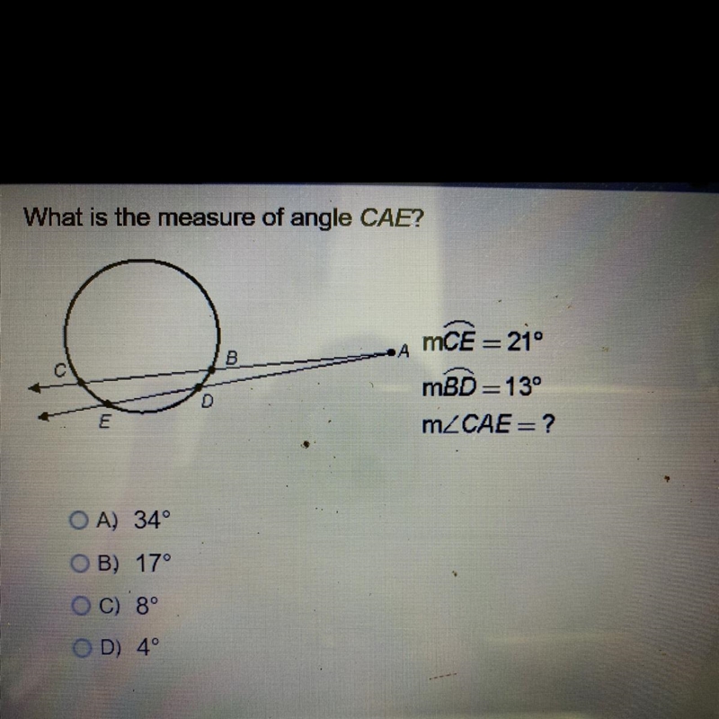 What is the measure of angle CAE?-example-1