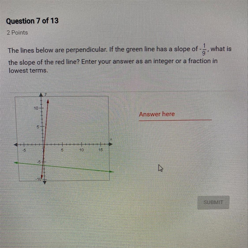 The lines below are perpendicular. If the green line has a slope of -1/9, what is-example-1