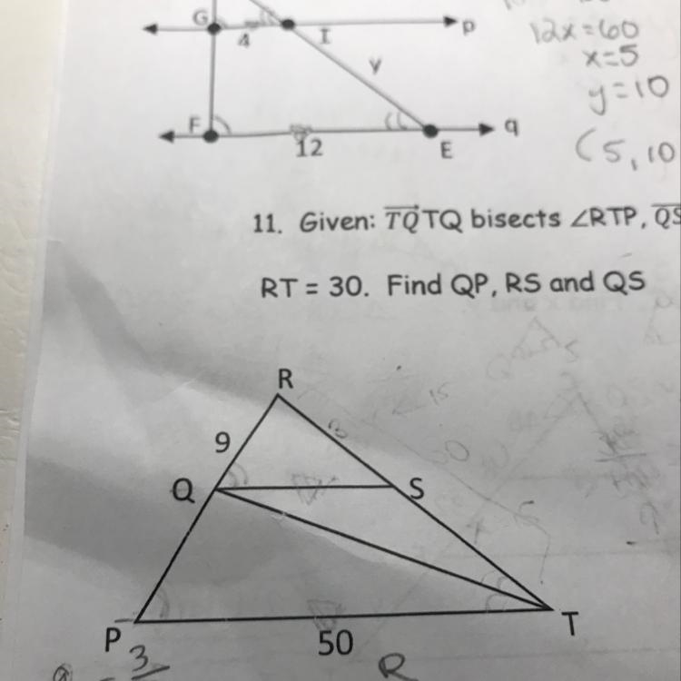 11. Given: TQ bisects ZRTP, QS || PT RT = 30. Find QP, RS and QS-example-1