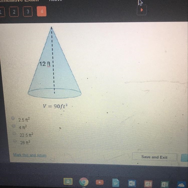 What is the area of the base of the cone below?-example-1