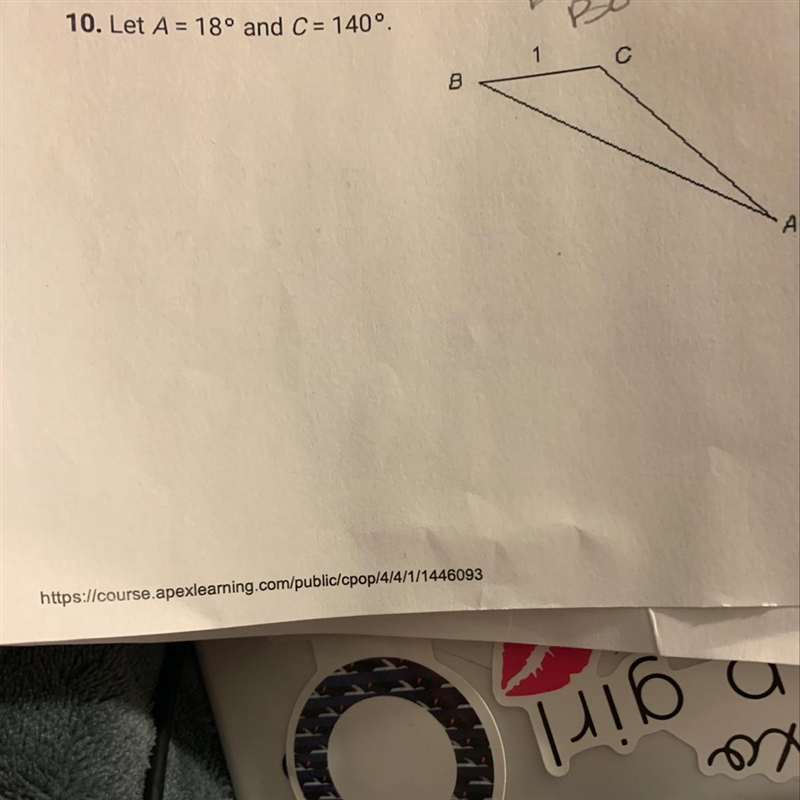 Please help with my homework Solve the given triangles by finding the missing angle-example-1