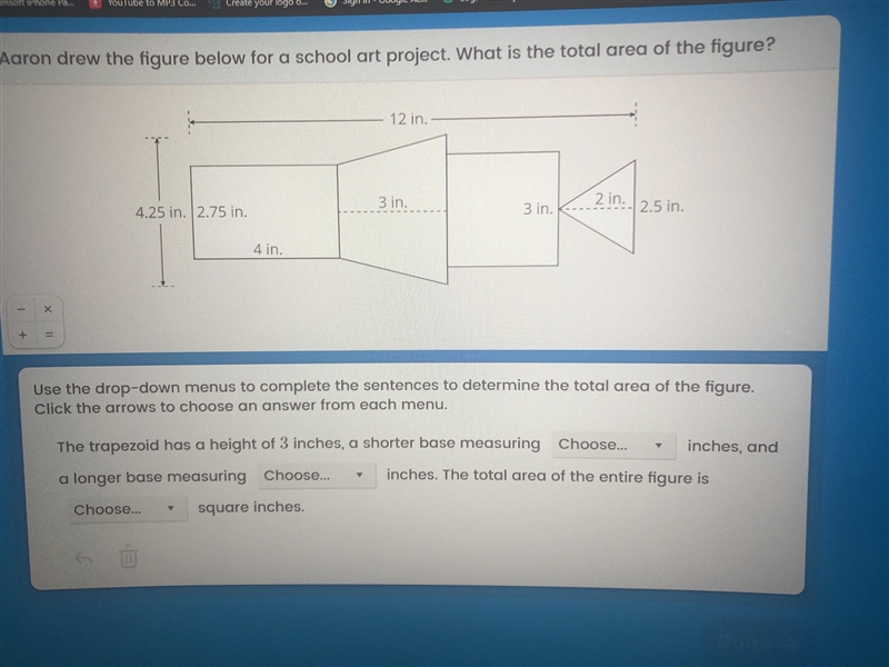 Aaron drew the figure below for a school art project. What is the total area of the-example-1