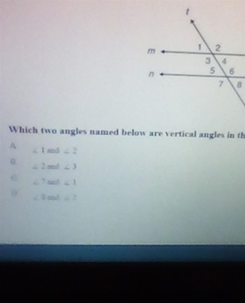 In the figare, Linet Intersects parallel Lines m and n. Which two angles named below-example-1