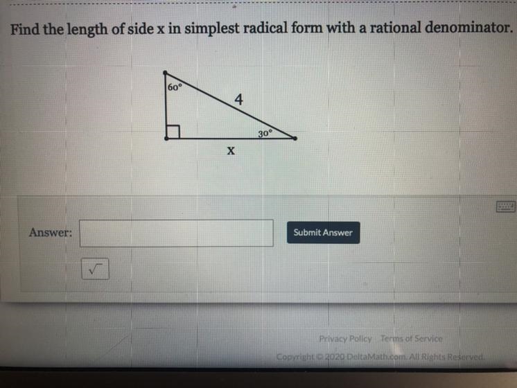 Can anyone find the length of side x in simplest radical form with a rational denominator-example-1