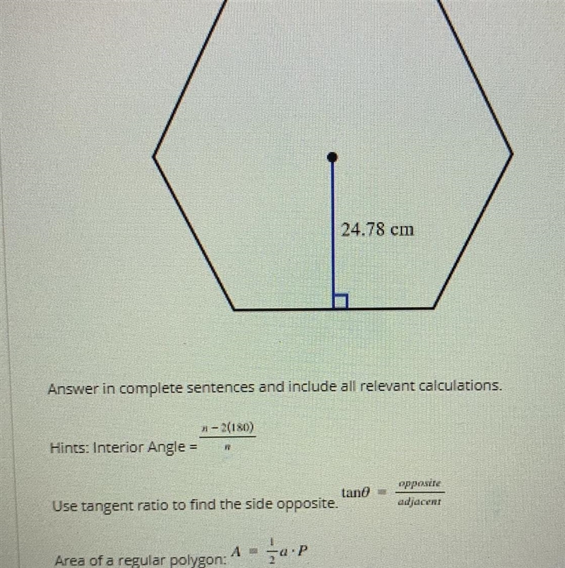 What is the area of the regular hexagon shown below?-example-1