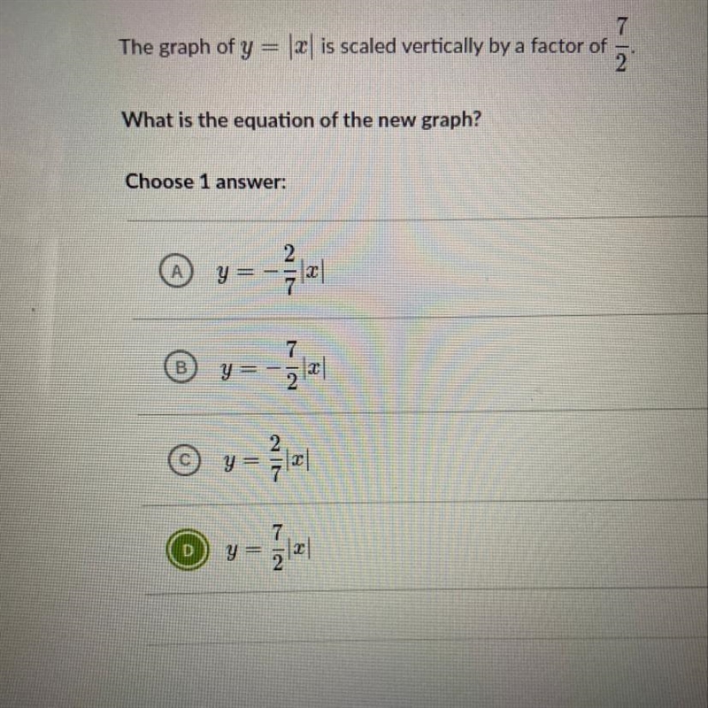 The graph of y = |x| is scaled vertically by a factor 7/2 What is the eqaution of-example-1