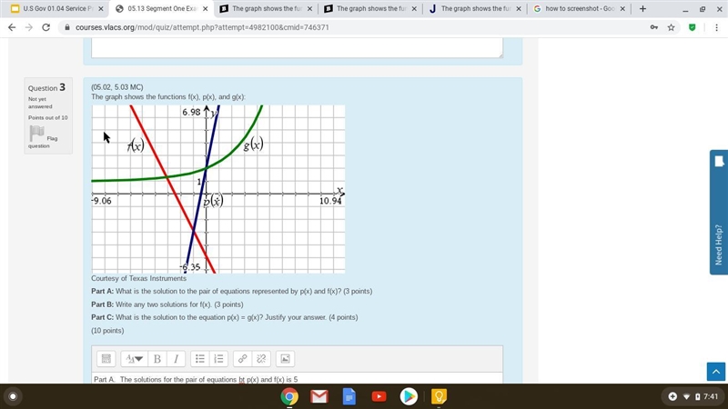 The graph shows the functions f(x), p(x), and g(x): Graph of function g of x is y-example-1